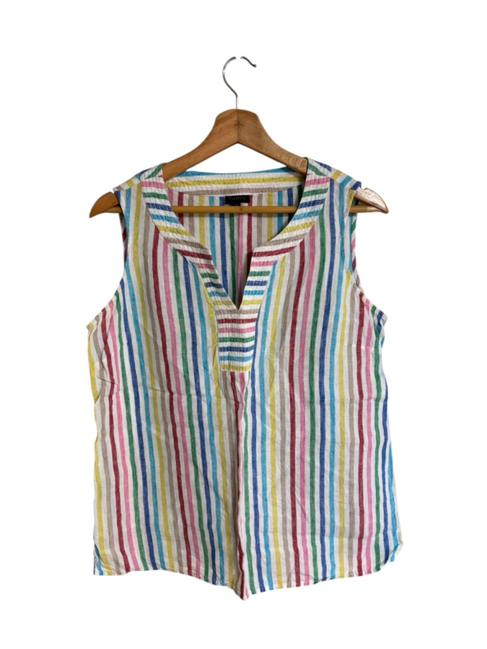 Talbots colorful rainbow striped sleeveless V neck Spring linen tank top size M - Picture 3 of 11